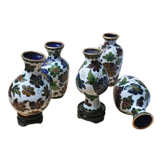 Set of 5 Vintage Cloisonné Enamel Miniature Vases – Silver-Blue Technique, Floral Motif For Sale