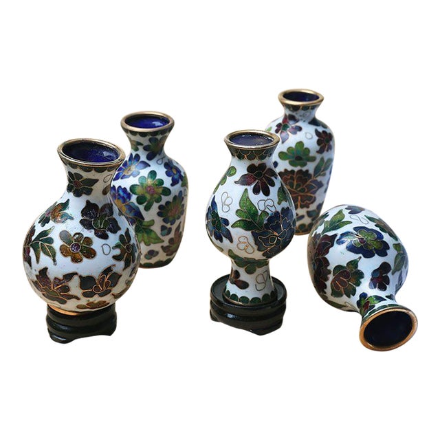 Set of 5 Vintage Cloisonné Enamel Miniature Vases – Silver-Blue Technique, Floral Motif For Sale