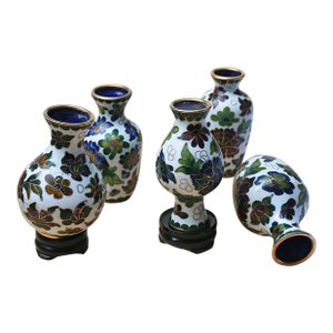 Set of 5 Vintage Cloisonné Enamel Miniature Vases – Silver-Blue Technique, Floral Motif