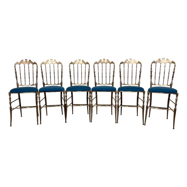Chiavarine Chairs in Brass and Fabric, 1950s, Set of 6 For Sale