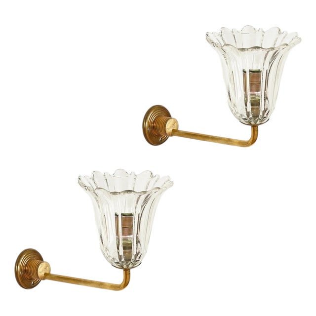 Murano Glass and Brass Flower Sconces from Barovier, Italy, 1950s, Set of 2 For Sale