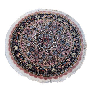 Vintage Persian Tabriz Round Rug, Hand-Knotted Wool & Silk, Floral Pattern, 3' Round, Pale Pink & Navy For Sale