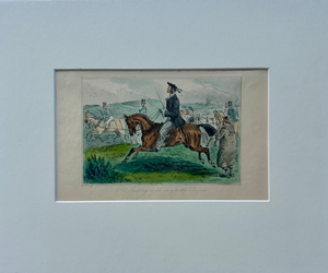 19th Century Hand-Colored English Equestrian Hunting Scene Engraving – “Mr. Bunting on His Way to The…” (Fox Hunt Print)