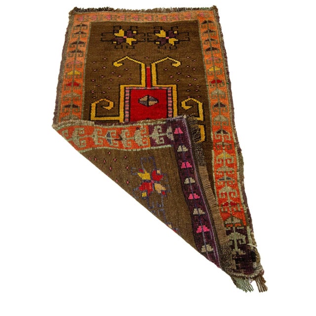 Mid-Century Modern Orange & Brown Vintage Mini Rug For Sale - Image 3 of 4