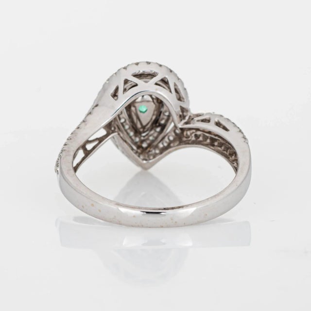 Early 21st Century Emerald Diamond Ring Estate 14k White Gold Pear Halo Sz 7 Fine Jewellery For Sale - Image 5 of 7