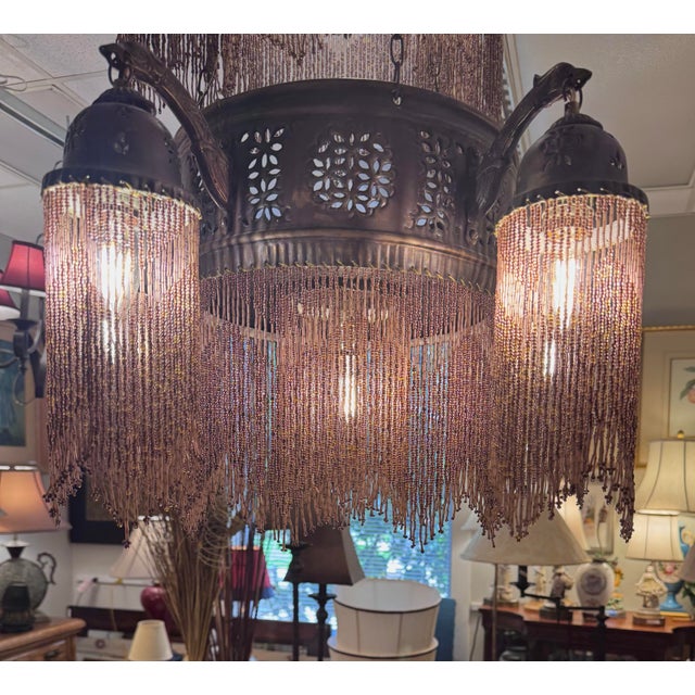 Late 20th Century Large Moorish Moroccan Revival Beaded Fringe Chandelier Pendant Light For Sale - Image 5 of 8