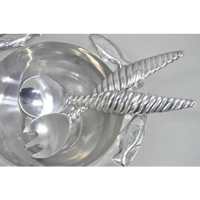 Vintage Mariposa Brillante Mid Century Modern Aluminum Fish Salad Bowl With Utensils- 3 Pieces For Sale - Image 10 of 11