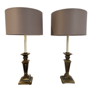 Tall 32” Solid Brass Column Lamps – Vintage Neoclassical Statement Pair For Sale