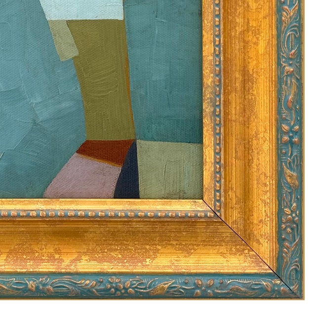 2020s Contemporary Teal Blue Abstract Oil Painting in Vintage Gold Frame For Sale - Image 5 of 6