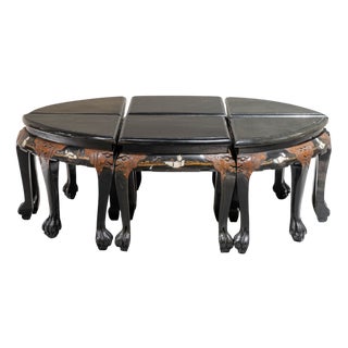 Vintage Chinese Tables in Black Lacquered Wood with Carvings, 1950s, Set of 6 For Sale