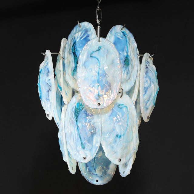 Mid-Century Hand-Blown Murano Opalescent & Cerulean Detail Glass Chandelier For Sale - Image 15 of 18