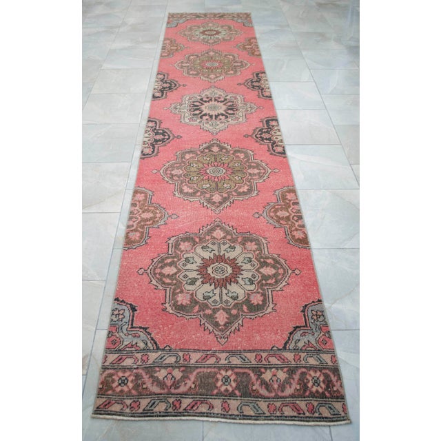 1970s Distressed Oushak Runner Rug Low Pile Faded Colors Pink Hallway Decor - 2'8″ X 12'7″ For Sale - Image 6 of 13