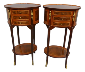 French Louis XVI Round Side Table With 3 Drawers, Lower Shelf & Hand-Gilded Gold Leaf Details
