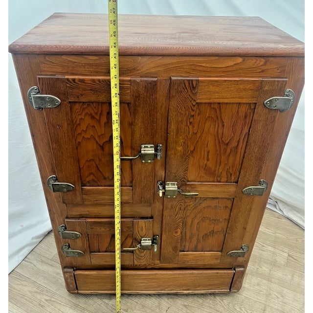 Antique Ice Box Three Storage Cabinets, Oak, Brass Latches Three Racks 32" Wide For Sale In Palm Springs - Image 6 of 9