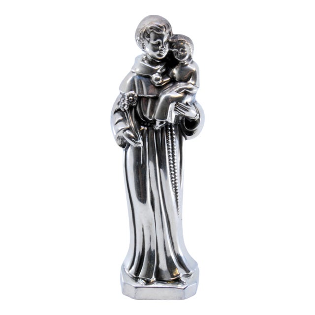 Silver Statuette of Saint Anthony Holding Boy and Flowers For Sale