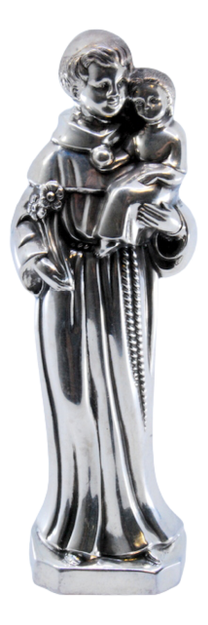 Silver Statuette of Saint Anthony Holding Boy and Flowers