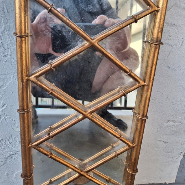 1940's Hollywood Regency Heavy Gilt Iron Faux Bamboo Wall Mirror Candle Accent For Sale - Image 4 of 12