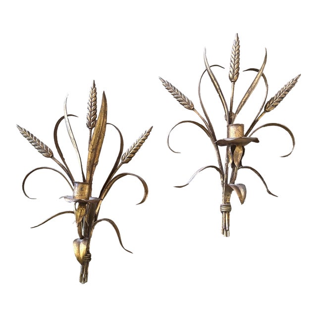 Vintage Italian Gilt Iron Wheat Sheaf Candle Wall Sconces - a Pair For Sale