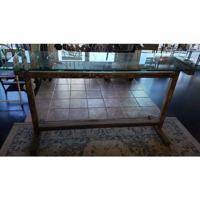 Contemporary Contemporary Modern Style Brushed Steel Truss Base Glass Top Elongated Raised Rectangular Table (20th./21st Century) For Sale - Image 3 of 11