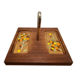 1960s Ernest Sohn Walnut Cheese Tray, With Inlaid Enameled Copper Citrus Tree Design