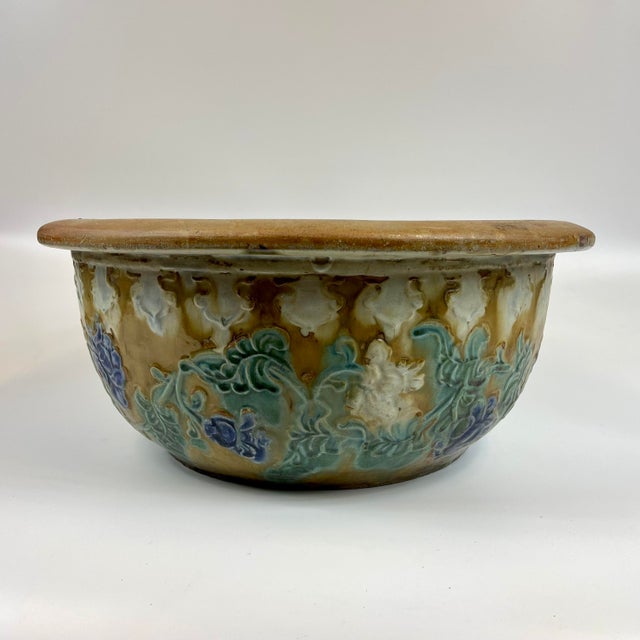 19th Century Shiwan Ware Large Bowl With Floral Relief For Sale - Image 4 of 13