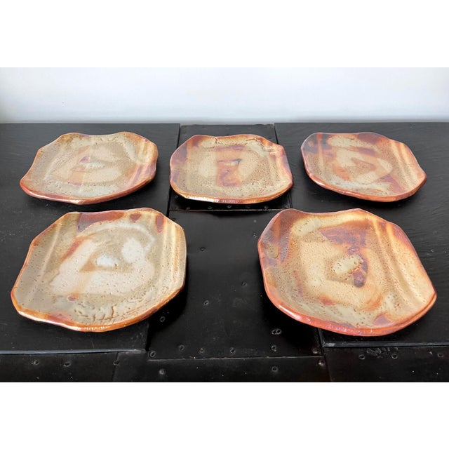 Contemporary Set of Five Yohen-Kin Shino Ceramic Plates by Suzuki Tomio For Sale - Image 3 of 17