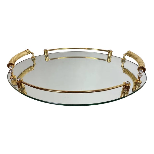 Italian 24-Karat Gold Plated and Brass Tray with Mirror, 1980s For Sale