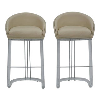 Lion in Frost Lucite, Chrome and Leather Barstools, a Pair For Sale