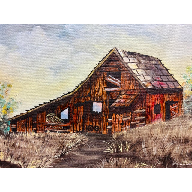 Vintage signed “Cooper” oil painting featuring a weathered barn beside a tranquil pond and woodland landscape. Warm rustic...
