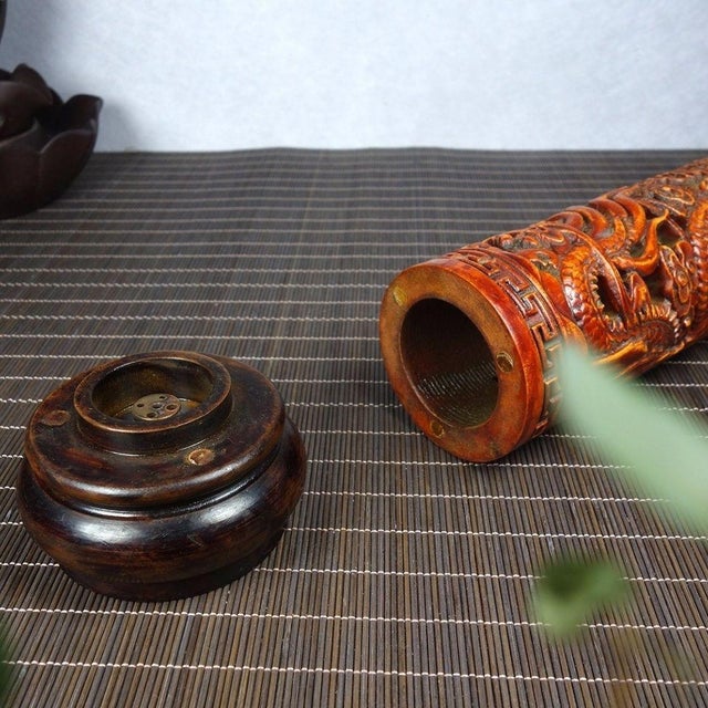 Wood Late 19th Century Carved Rosewood Incense Tube With Dragon Motif, 420g For Sale - Image 7 of 9