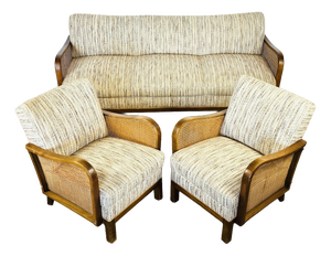 Art Deco Living Room Set in Curved Wood, Tweed and Cane, 1950s, Set of 3