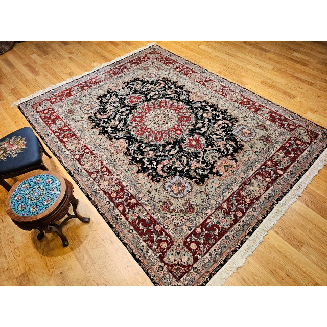 Vintage Persian Tabriz Rug, Hand-Knotted Wool & Silk, Floral Garden Pattern, Black & Red, 8x10 For Sale - Image 11 of 18
