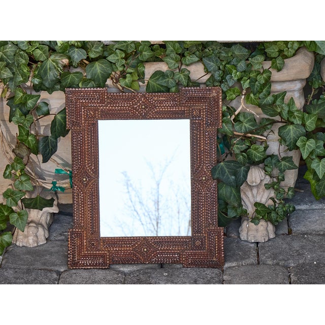 Petite French Tramp Art Mirror with Carved Geometric Frame, circa 1900 For Sale - Image 4 of 12