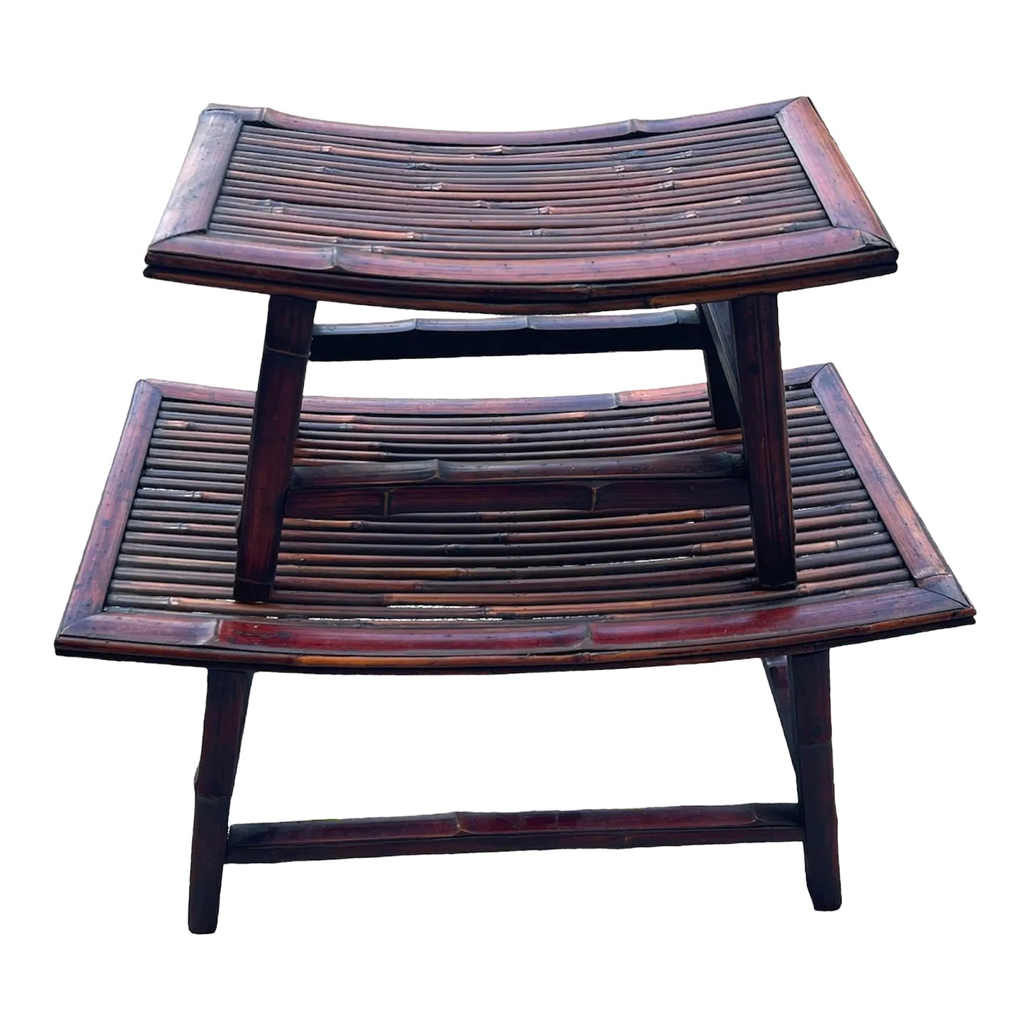 Coastal Pair of Rattan Bamboo Curved Benches | Chairish