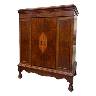 Vintage Victorian Style Cabinet With Burl Wood Veneer and Geometric Inlays For Sale