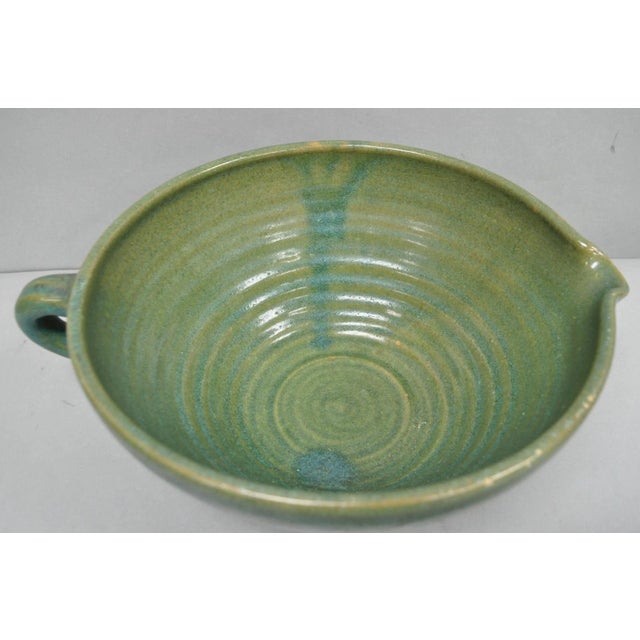 Vintage Primitive Green Glazed Ceramic Pottery Large Mixing Bowl W Handle For Sale - Image 10 of 18