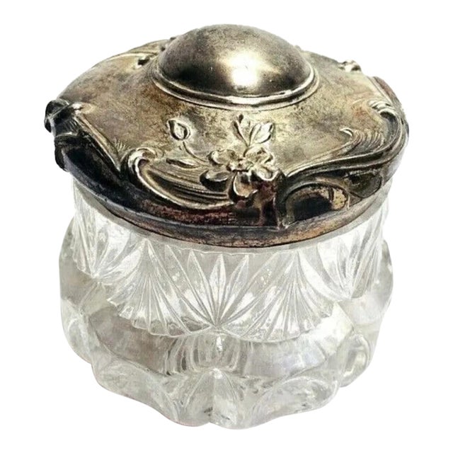 Late 19th Century Antique Art Nouveau Powder Jar with Silver Plated Lid For Sale