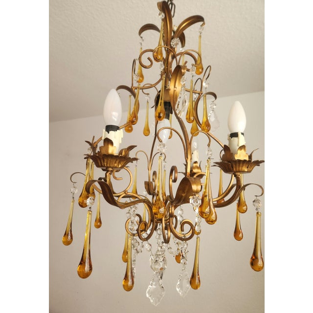 1970s Floral Five-Light Gilded Ceiling Lamp with Crystals and Murano Glass Crystal Drops, 1960s For Sale - Image 5 of 18
