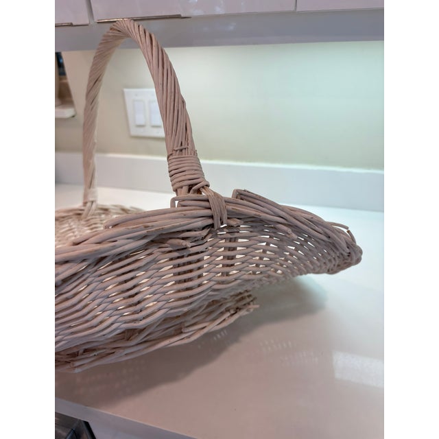 White Large Vintage Whitewashed Wicker Gathering Basket With Tall Handle For Sale - Image 8 of 11