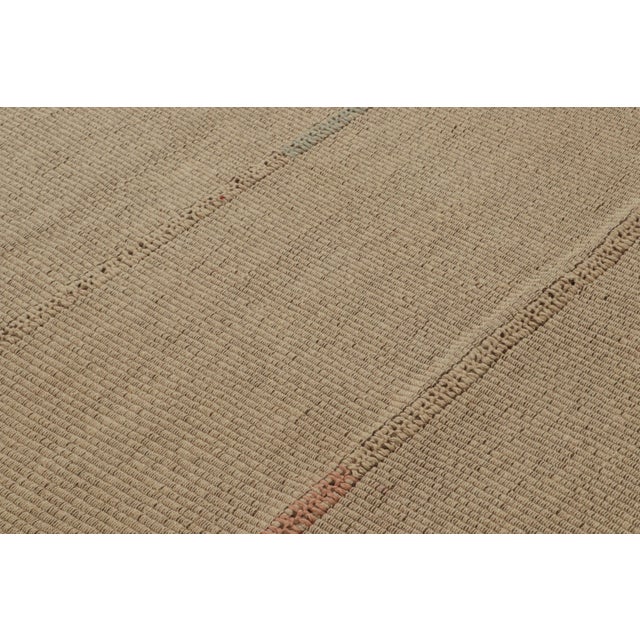 Rug & Kilim Rug & Kilim’s Contemporary Kilim in Sandy, Solid Beige-Brown With Pink Accents For Sale - Image 4 of 7