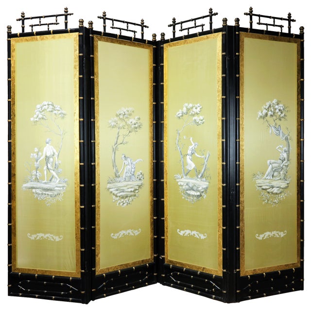 Vintage Neoclassical Four-Panel Folding Screen – Hand-Painted Silk With Faux Bamboo Frame For Sale - Image 14 of 15