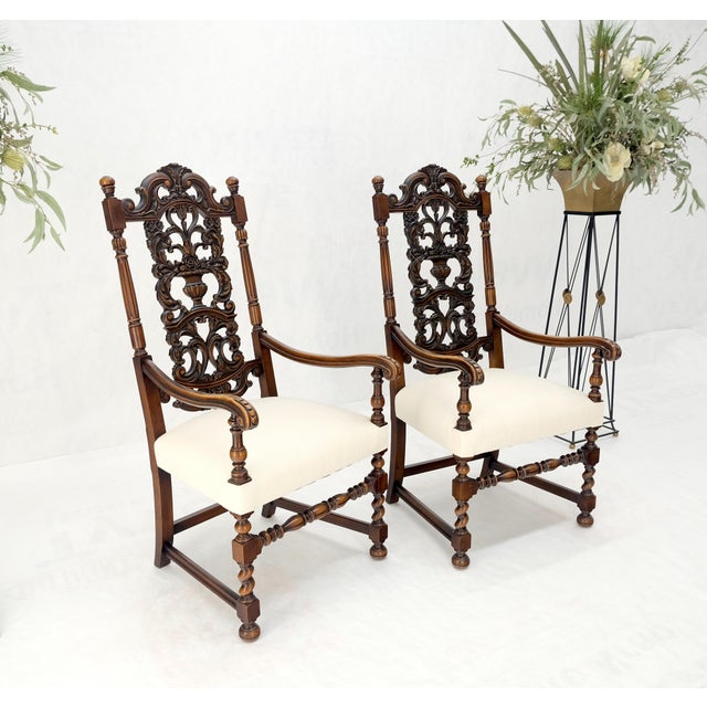 Pair of Carved Walnut Tall Backs New Upholstery Fireside Arm Side Chairs MINT!