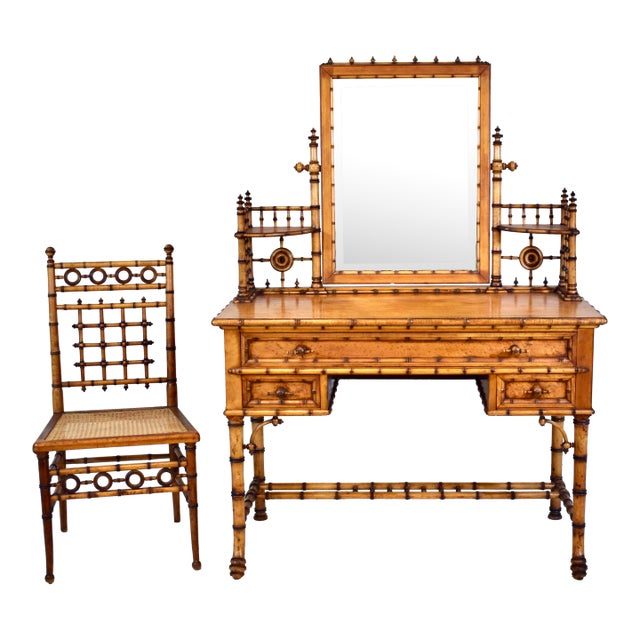 Bird's-Eye Maple Faux Bamboo Dressing Table and Chair by R J Horner & Co For Sale