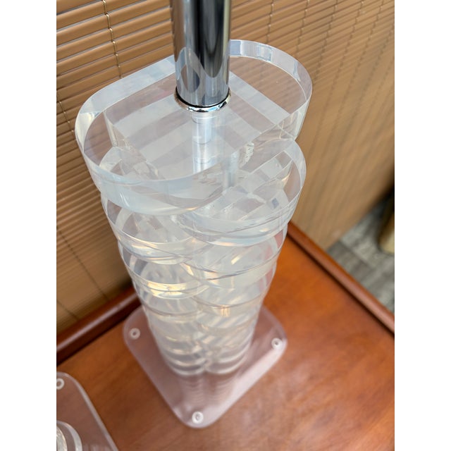 Transparent A Pair of Vintage Mid Century Modern Stacked Lucite Blocks Table Lamps in the Karl Springer Style. Circa 1970s For Sale - Image 8 of 17