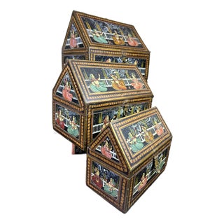 Trio Indian Hand-Painted Nesting Wooden Boxes - Mid 20th Century Set of 3 For Sale