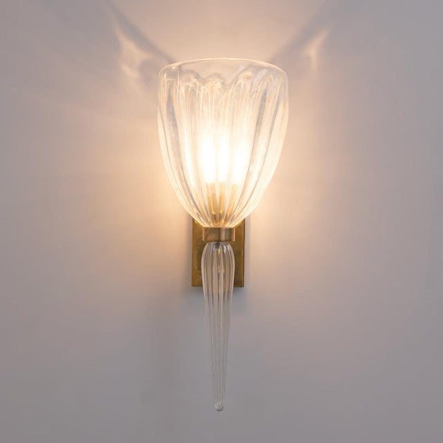Mid-Century Modern Italian Murano Iridescent Glass and Brass Wall Sconces, 1990, Set of 2 For Sale - Image 3 of 10