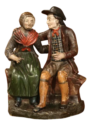 19th Century French Hand-Painted Ceramic Sculpture of Old Couple