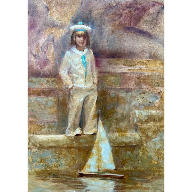 Richard Judson Zolan, Large American Impressionist Painting Sailor Girl with Toy Boat Richard Zolan For Sale - Image 11 of 16