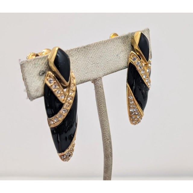 American Vintage Signed Napier Black Enamel & Clear Rhinestone Clip Earrings-2 Pieces For Sale - Image 3 of 8