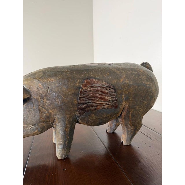 Wood Folk Art Carved Wooden Pig Sculpture With Patinated Finish For Sale - Image 7 of 10